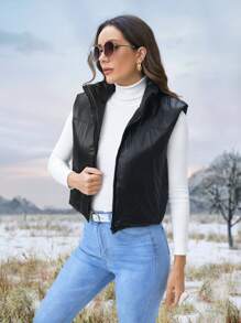 SHEIN LUNE Zip Up PU Leather Vest Padded Padded Coat Clothes Winter - Black - View 3