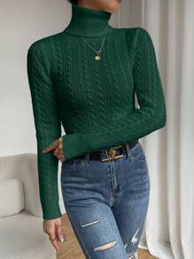 Chiquease Turtleneck Cable Knit Turtleneck Sweater - Dark Green - View 4