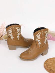 孩子們的靴子適合女孩,高幫,中幫,刺繡高跟鞋,西部牛仔靴子,尖頭,側拉鍊 - 棕色 - 查看 1