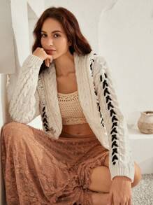 Bohemela Lace Up Front Cable Knit Drop Shoulder Cardigan - Beige - View 1