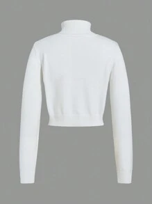 SHEIN EZwear Áo len crop cổ lọ họa tiết chữ - trắng - Xem 2