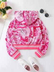 SHEIN Tween Girl Pop Art Print Zip Up Hooded Jacket - Pink - View 2