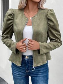 Cazadora de manga gigot con cremallera peplum - Verde militar - Ver 6