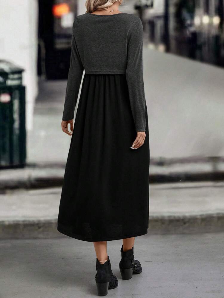 Solid Tee & Ruched Front Dress Fall Cloth For Women