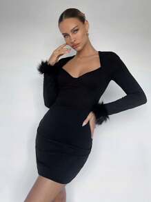 Maija Sweetheart Neck Fuzzy Cuff Bodycon Dress - Black - View 4