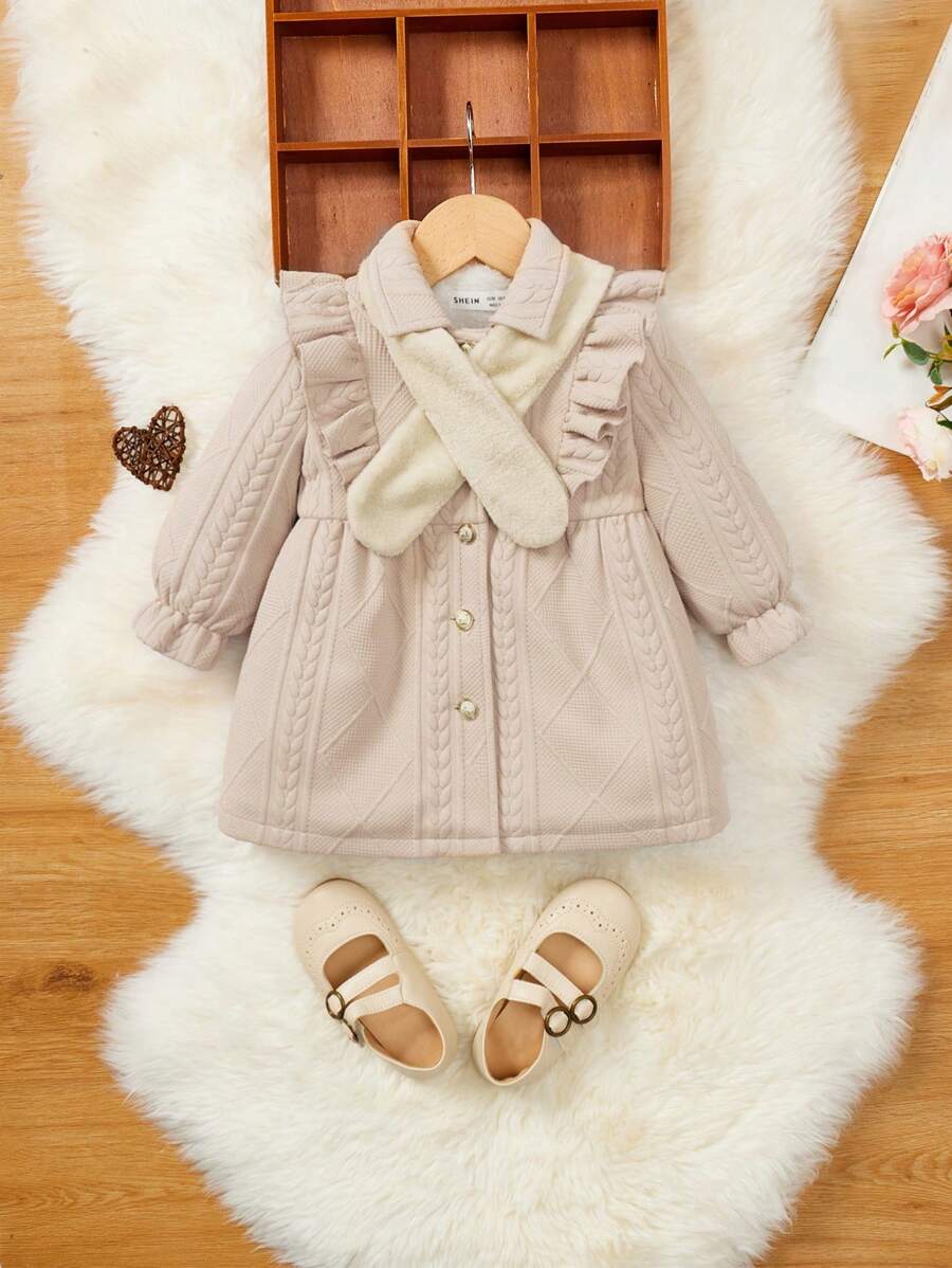 SHEIN Baby Girl Ruffle Trim Coat & Scarf - Khaki - View 1