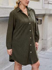 RueChic Plus Solid Button Front Shirt Dress Without Belt - Army Green - View 4