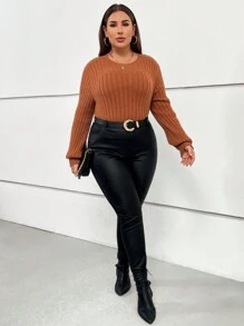 SHEIN Essnce Talla grande Camiseta unicolor tejido de canalé - Camel - Ver 5