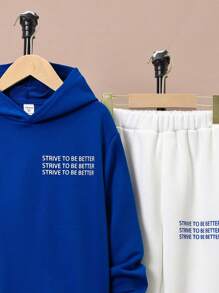 SHEIN Tween Boy Slogan Graphic Thermal Lined Hoodie & Sweatpants - Blue and White - View 4