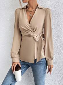 Chiquease 素色側打結圍裹女士襯衫 - 杏色 - 查看 5