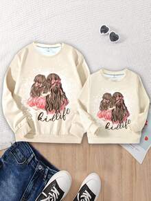 SHEIN Girls Letter & Figure Graphic Sweatshirt - Apricot - View 3