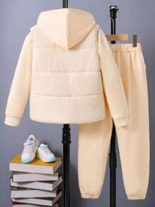 SHEIN Tween Girl 1pc Letter Graphic Hoodie & 1pc Sweatpants & Vest Padded Coat