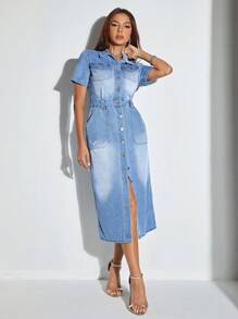 SHEIN BAE Button Front Denim Dress - Light Wash - View 4