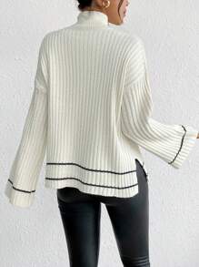 LanaWest Mock Neck Drop Shoulder Split Hem Sweater,Long Sleeve Tops Knit Pullover Fall Winter Sweater - Beige - View 2