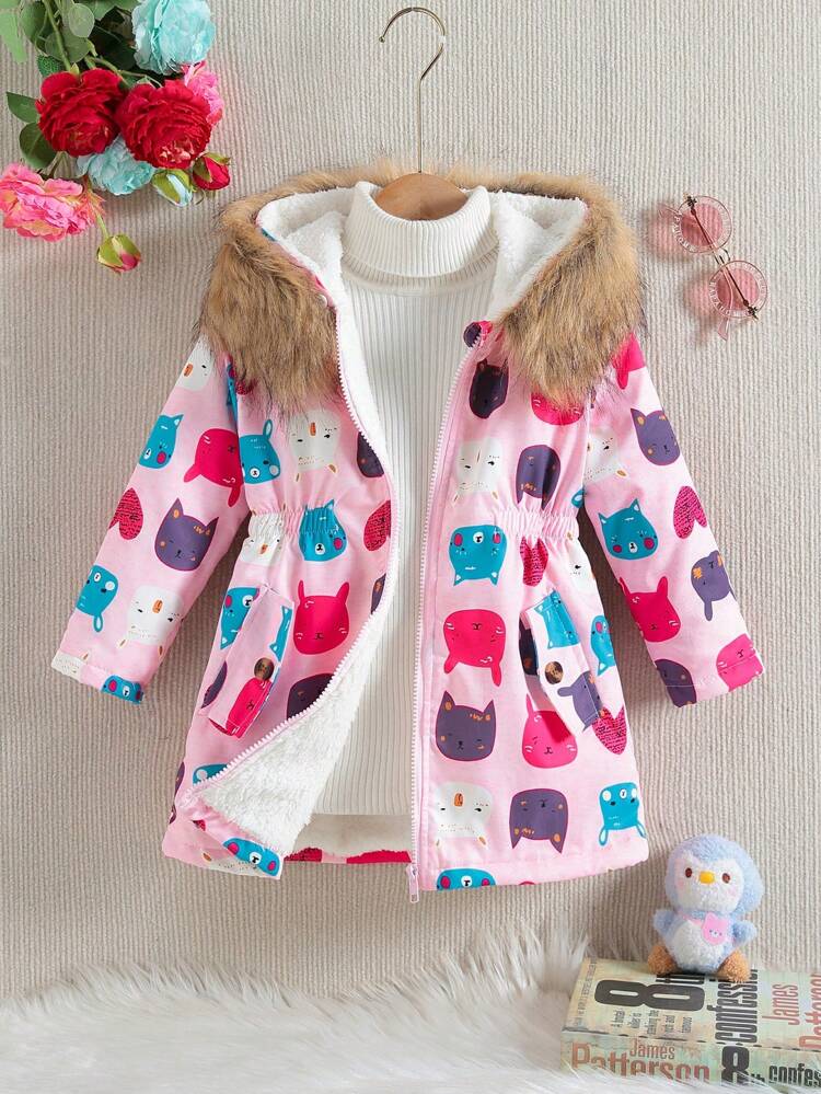 Young Girl Cartoon Graphic Fuzzy Trim Hooded Thermal Lined Parka Coat Without Sweater