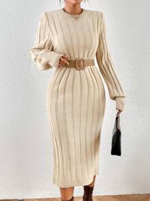 SHEIN Privé Vestido de punto unicolor tejido de canalé sin cinturón - Caqui - Ver 5