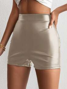 EURMUSE High Waist PU Leather Shorts - Beige - View 5
