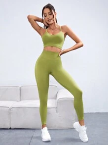 Easithlete Crisscross Backless Wide Waistband Sports Set Workout Set Workout Women Set Women Leggings Set - Green - View 4
