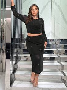 SHEIN Privé Plus Glitter Crop Top & Split Back Skirt