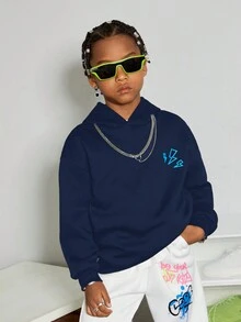 SHEIN Tween Boy Bear & Slogan Graphic Sweatshirt - Navy Blue - View 4