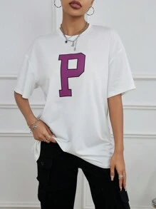 SHEIN EZwear In số Áo thun Thả vai - trắng - Xem 1