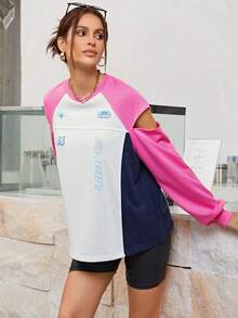 SHEINNeu Letter Graphic Colorblock Cut Out Raglan Sleeve Sweatshirt - Multicolor - View 3