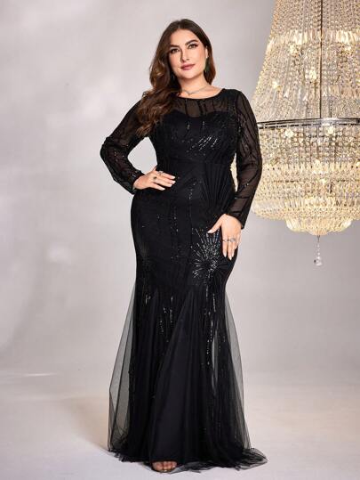 XUIBOL Plus Size Sequin Comfortable Dress, Suitable For Different Body Wear, Round Neck Long Sleeved Slim Fit Fishtail Hem Unique Design Solid Color Elegant And Luxurious Maxi Dress, Suitable For Various Parties, Graduations, Weddings, Events And Various Banquets And Dancing Parties,Formal Ball Gown For Women,Prom Dress,Mother's Bridesmaid Dress(2025 Fashionable And Style)Black Evening Wedding Guest Dress, Dinner Party Dress