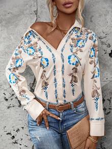 SHEIN LUNE 印花前紐扣襯衫 - 杏色 - 查看 5