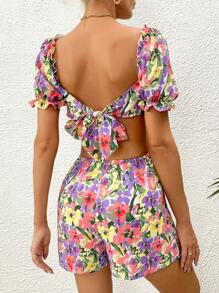 Soleia 印花腰部鏤空連身短褲 - 紫色 - 查看 2