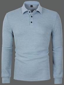 Manfinity Homme 男士純色短袖翻領紐扣休閒Polo衫，適用於丈夫 - 霧霾藍 - 查看 5