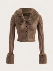 SHEIN ICON Borg Collar Fuzzy Cuff Cardigan,Long Sleeve Tops - Khaki - View 1
