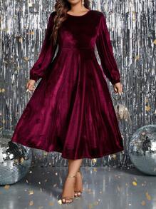 SHEIN Clasi Plus Size Velvet Lantern Sleeve Dress - Burgundy - View 1
