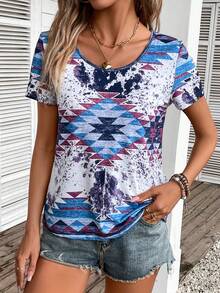 SHEIN LUNE Geo Print Scoop Neck Tee - Multicolor - View 4