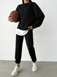 EURMUSE Drop Shoulder 2 In 1 Sweatshirt & Sweatpants - Black - View 3