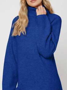 EURMUSE Solid Turtleneck Drop Shoulder Sweater Dress - Royal Blue - View 9