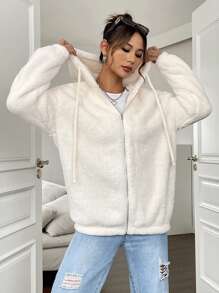 SHEIN Unity 落肩袖抽繩連帽絨毛外套 - 白色 - 查看 4