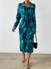 SHEIN VCAY 滿版印花腰帶襯衫洋裝 - 綠色 - 查看 2