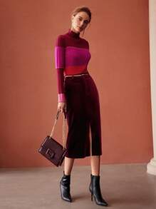 MOTF PREMIUM 絲絨中長半身裙不附腰帶 - 酒紅色 - 查看 6