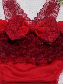 SHEIN Baby Girl Contrast Lace Bow Front Bodysuit & Headband Photo Outfit - Red - View 5