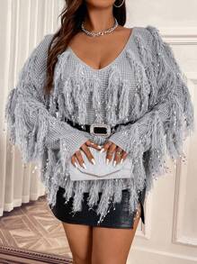 SHEIN Clasi Plus Fringe Trim Drop Shoulder Sweater Without Belt Knit Pullover Fall Winter Sweater - Grey - View 5