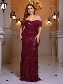 SHEIN Belle Burgundy Red Plus Off Shoulder Sequin Formal Dress - Burgundy - View 2