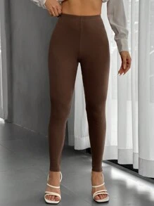 SHEIN Essnce Solid High Waist Leggings - Coffee Brown - View 6