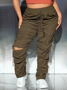 SHEIN SXY Hơn Eo dây rút Xù Quần - xanh quân đội - Xem 5