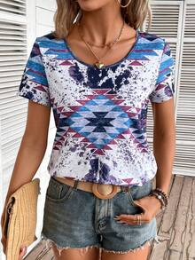 SHEIN LUNE Geo Print Scoop Neck Tee - Multicolor - View 6