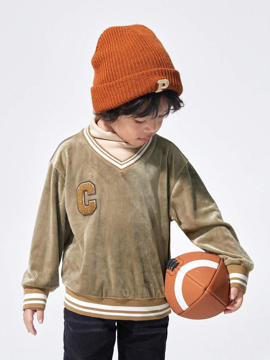 SHEIN Con trai Thêu Chữ Sọc trang trí Thả vai 2 trong1 Áo nỉ - Màu Khaki - Xem 1