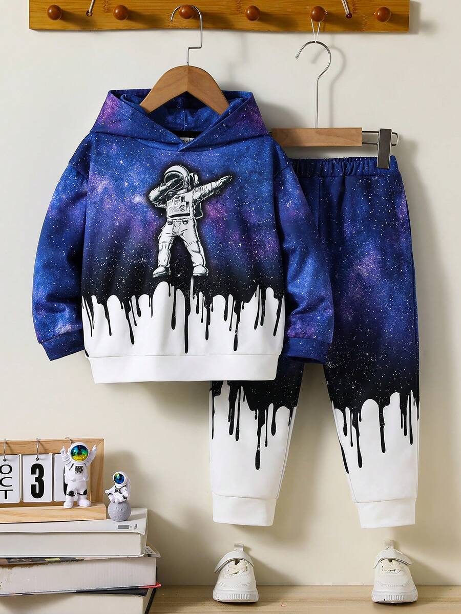 SHEIN Young Boy Astronaut Print Hoodie & Sweatpants - Black - View 1