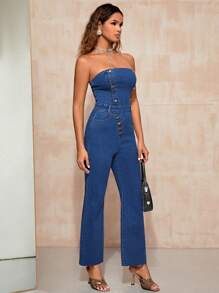 SHEIN BAE Button Front Belted Tube Denim Jumpsuit - Blue - View 5