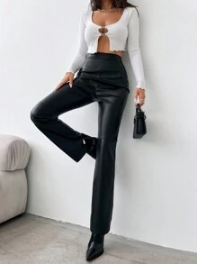 EURMUSE 下擺開叉PU皮革長褲