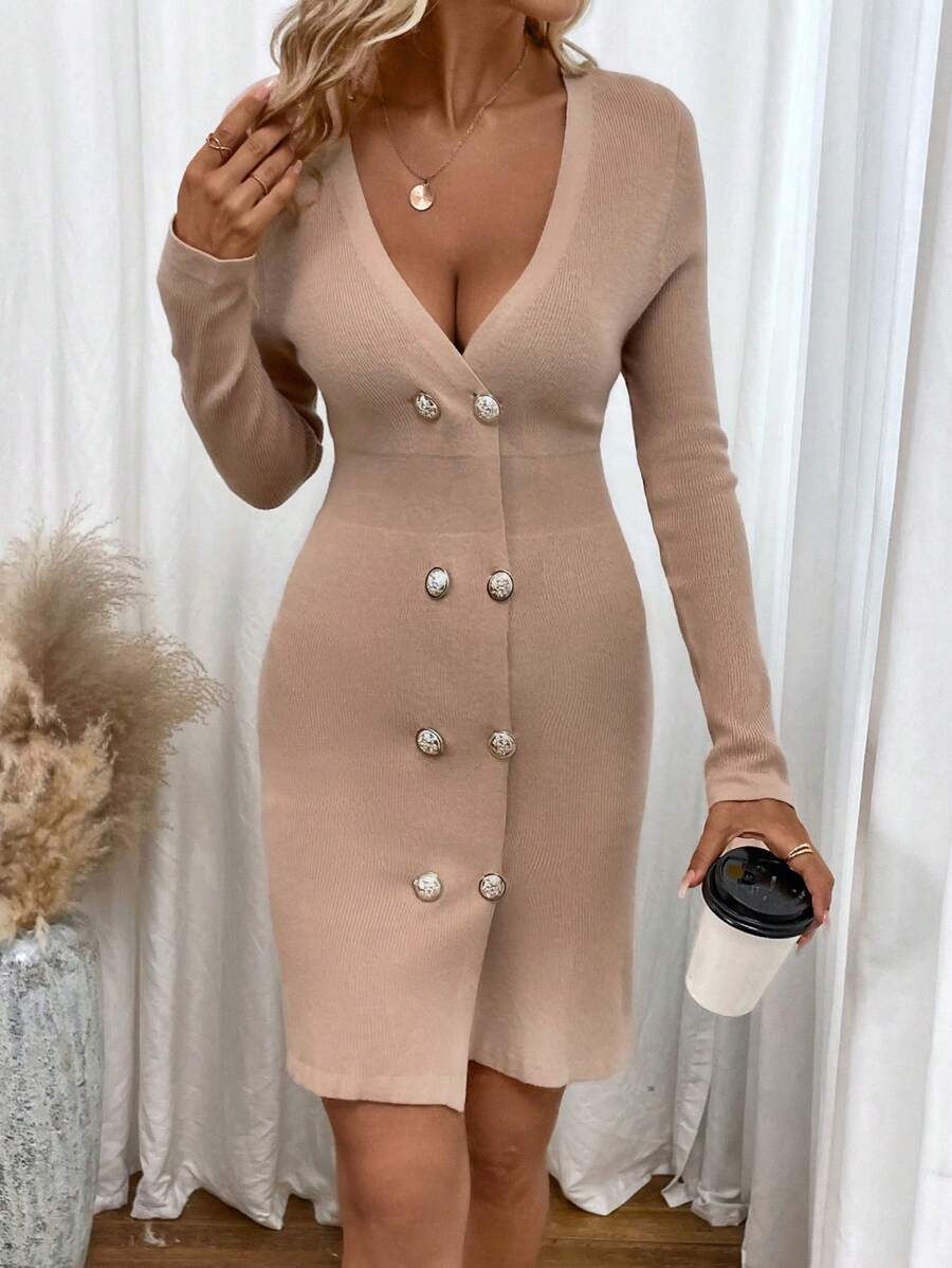 SHEIN Clasi Button Front Ribbed Knit Sweater Dress - Camel - View 1
