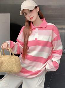 DAZY Striped Polo Neck Drop Shoulder Tee Long Sleeve Women Tops - Pink - View 7